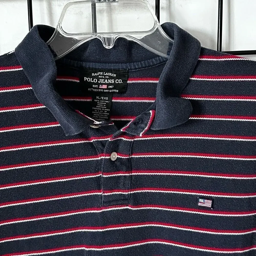 Vintage Polo Jeans‎ Co. Ralph Lauren Polo Shirt Mens XL Blue Flag Striped 90s